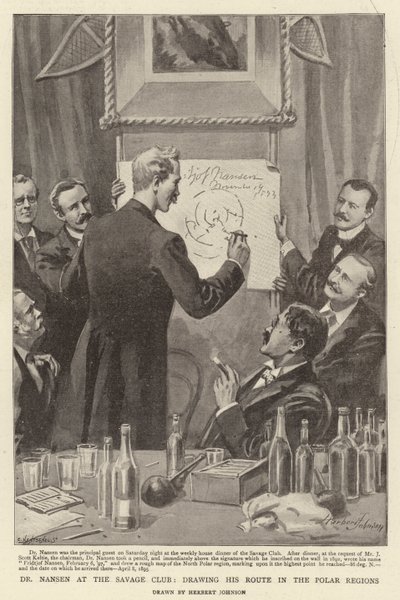 Dr Nansen at the Savage Club, Drawing His Route in the Polar Regions by Herbert Johnson
